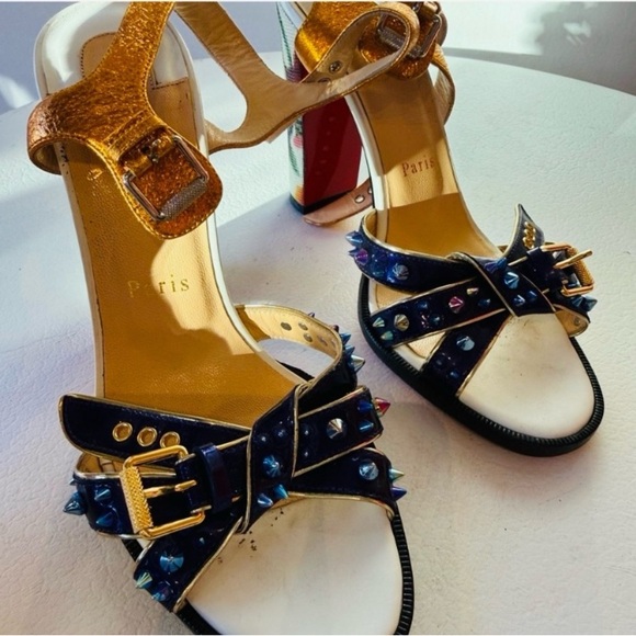 Metallic Gold & Blue Studded Women’s High Heel Sandals - Picture 16 of 16